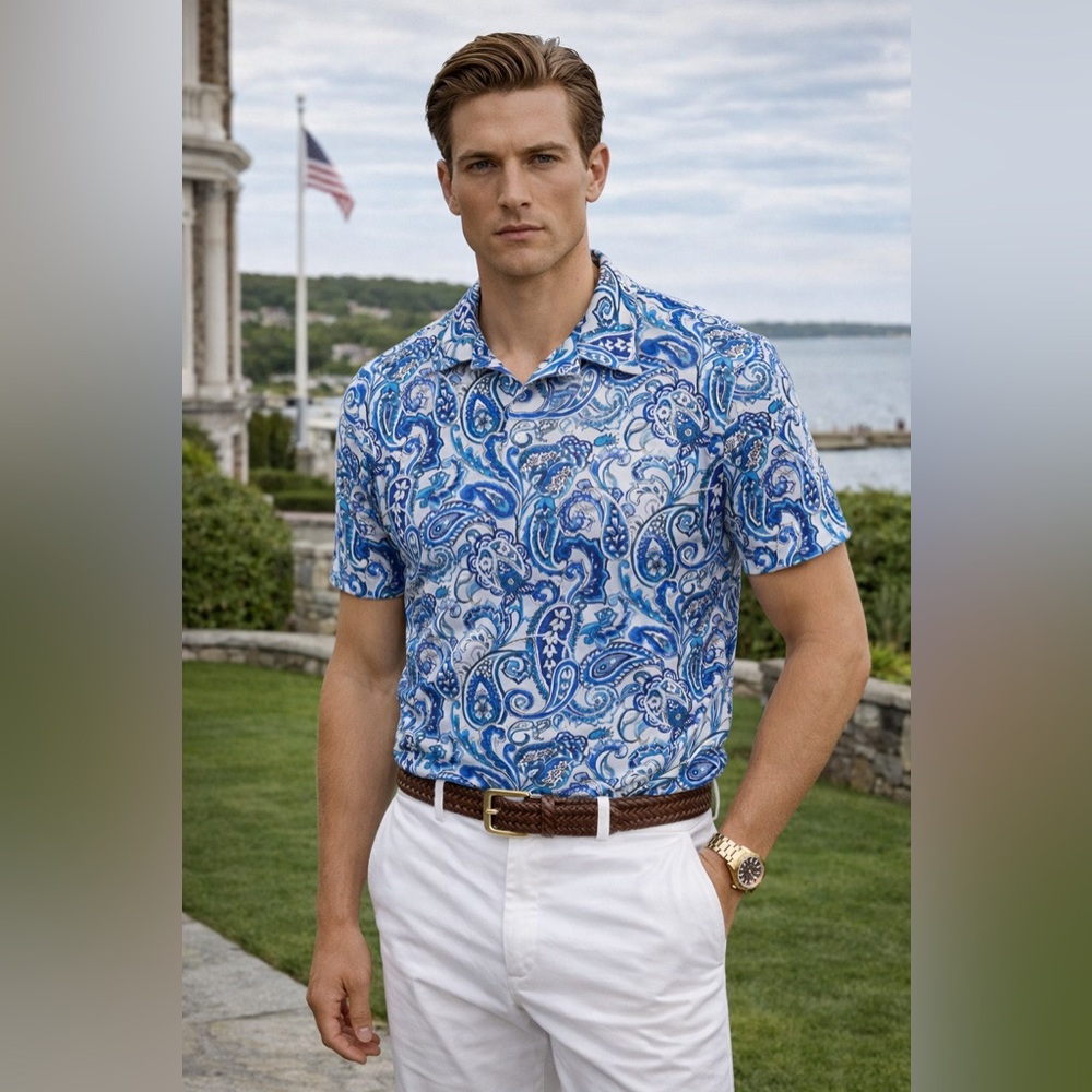 Ralph Lauren Purple Label Blue Paisley Terry Polo Shirt NWT